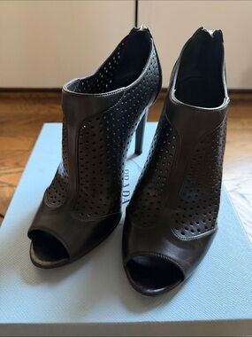 Prada Black Perforated Peep-Toe Heeled Booties